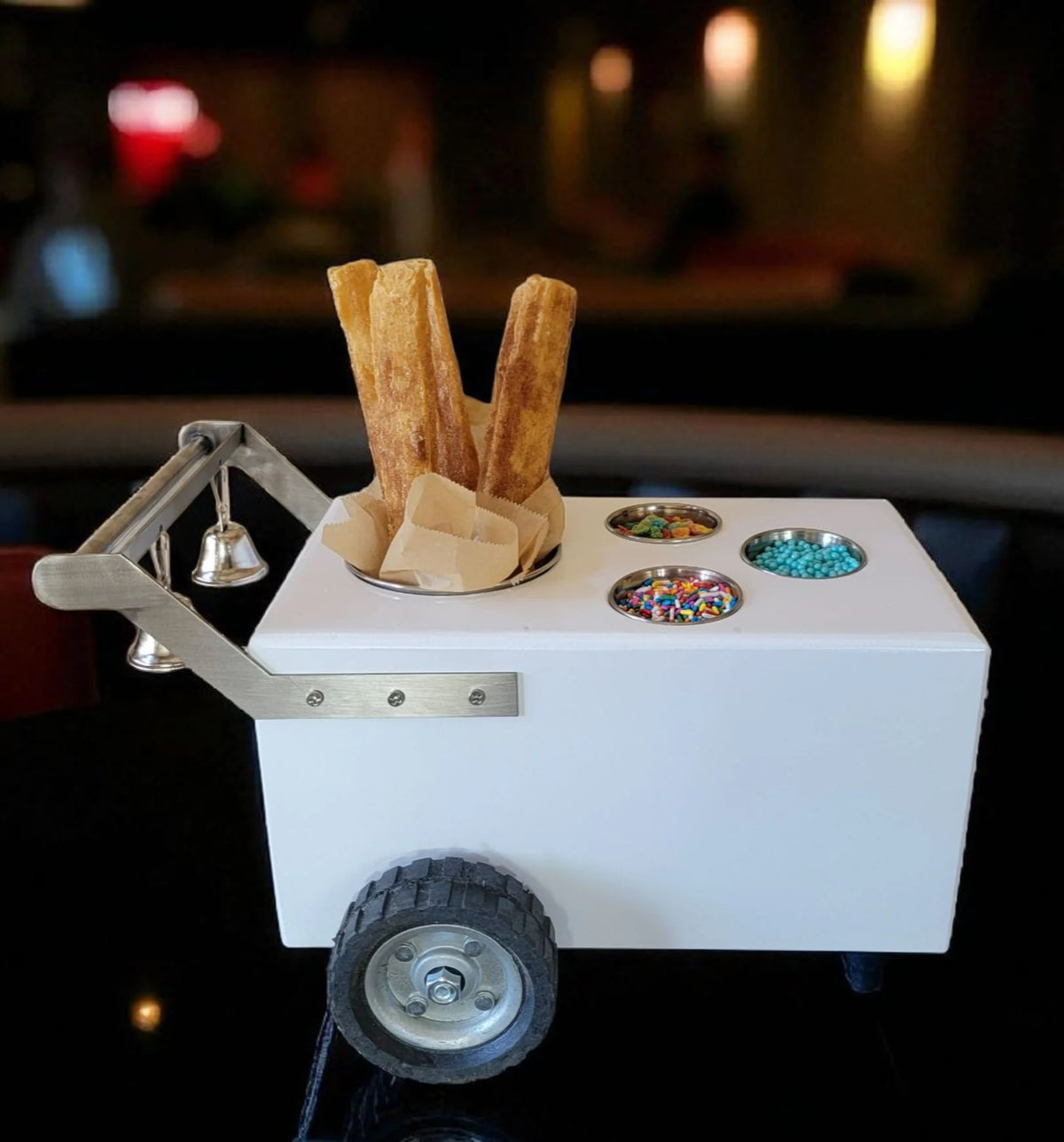 Mini Table Top Churro Cart, Esquite Cart, Elote Cart, Corn Cart, Dessert Display Cart for Home or Business with 3 toppings containers<span> - </span>White image