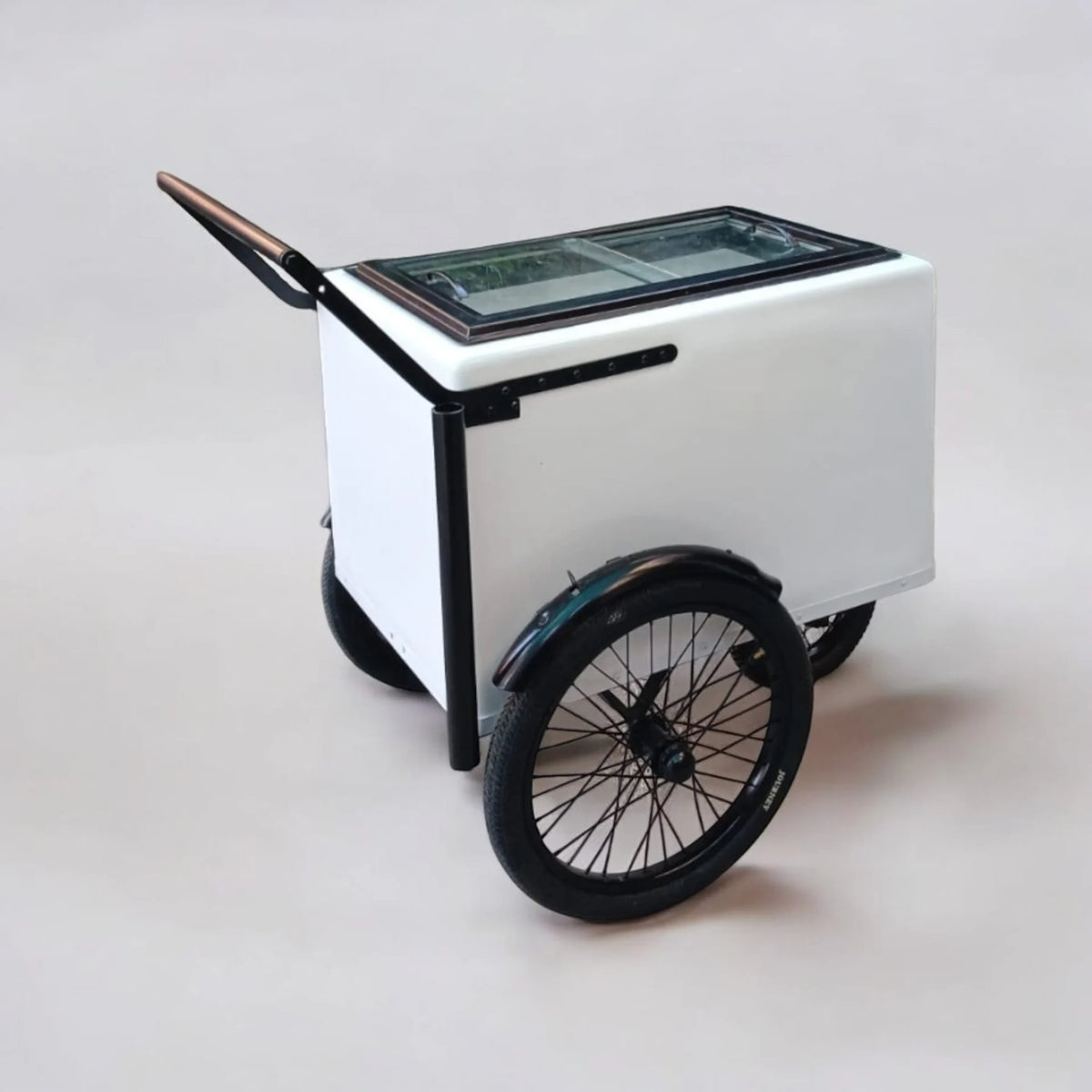 Tall Standard Size White with Black trim Popsicle Cart with Sliding Glass Doors and  Bicycle Tires image 2