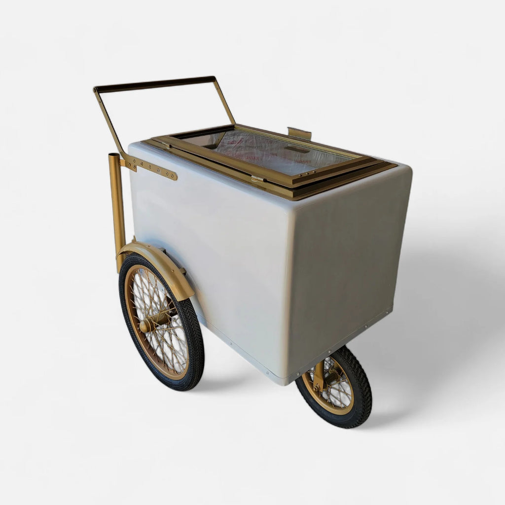 Tall Standard Size White with Gold trim Popsicle Cart with  Glass Door and  Bicycle Tires image 2