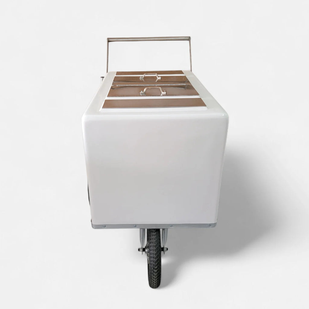Tall Standard Size Popsicle & Ice Cream Cart with Bicycle Tires – White / Chrome / Stainless Steel – 3 Top Lid Openings image 6
