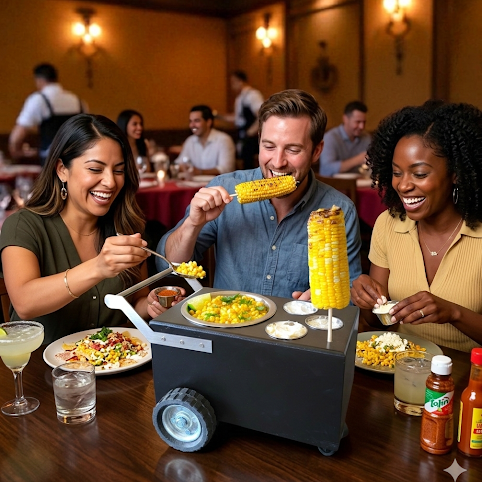 Three people dining together at a restaurant table, with a tabletop corn-on-the-cob station in the center. One person holds a corn cob over the grill, while another person uses tongs to serve food.