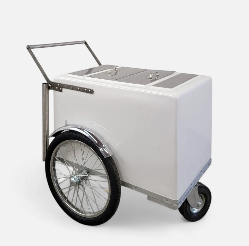 Standard Size Popsicle & Ice Cream Cart with Bicycle Tires – White / Chrome / Stainless Steel – 3 Top Lid Openings image 5