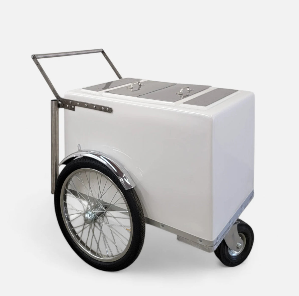 Standard Size Popsicle & Ice Cream Cart with Bicycle Tires – White / Chrome / Stainless Steel – 3 Top Lid Openings image 5