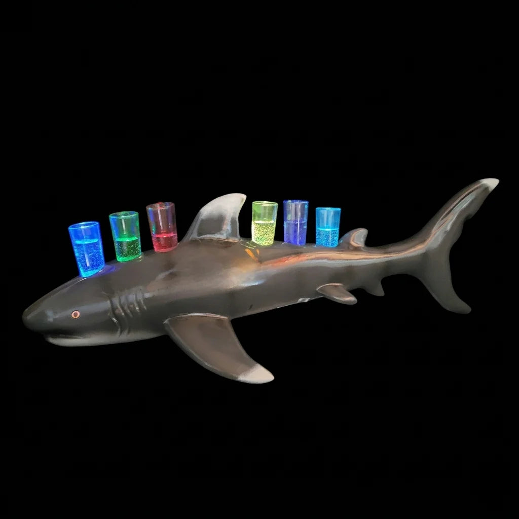 Fiberglass Shark Shot Tray with LED Lights – Bottle Service Shot Tray for Bars, Restaurants, Mariscos & Nightclubs – 6 Shot Glass Holder image 1