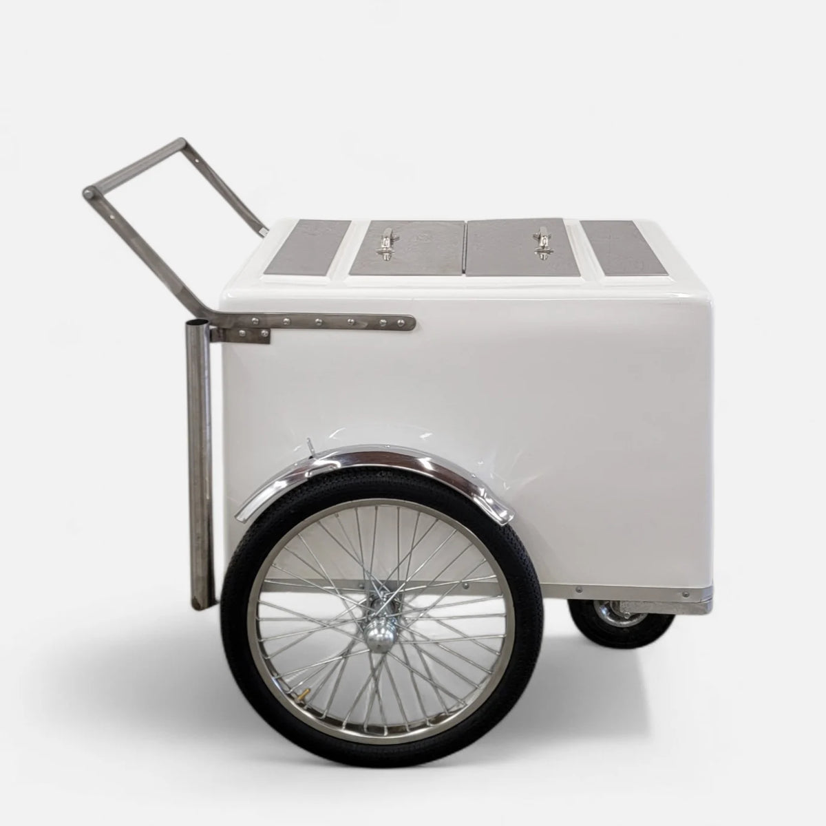 Standard Size Popsicle & Ice Cream Cart with Bicycle Tires – White / Chrome / Stainless Steel – 3 Top Lid Openings image 4