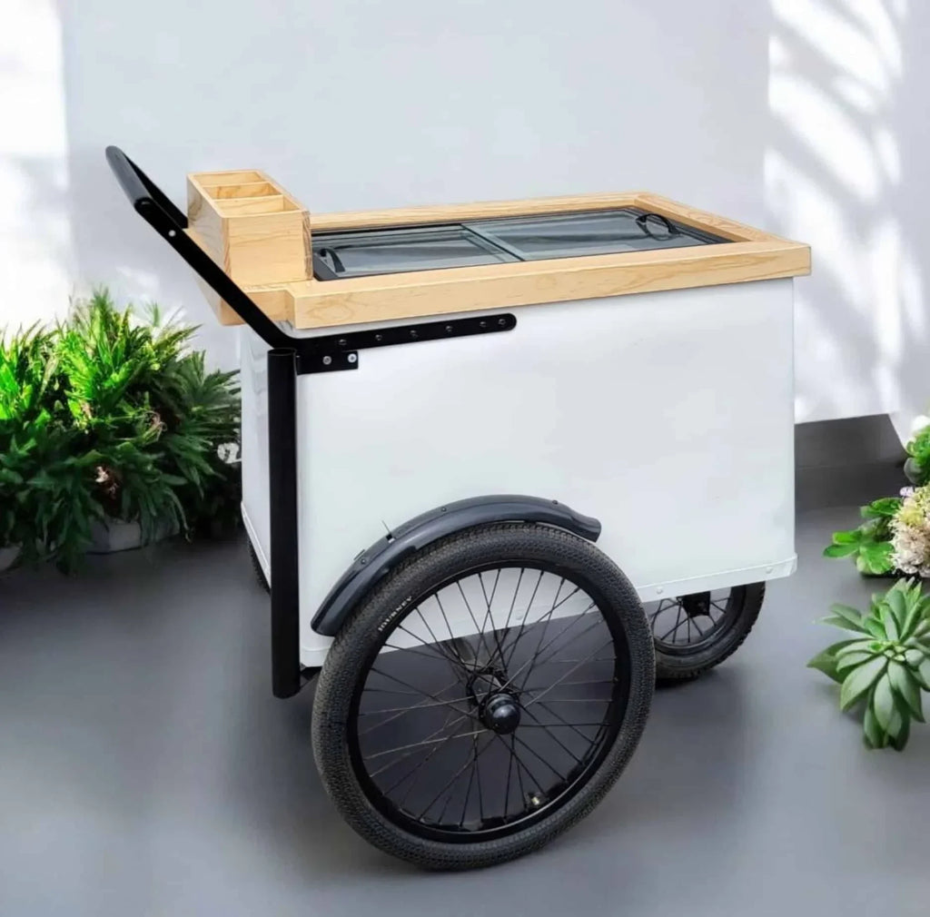 Tall Standard Size White with Black trim Popsicle Cart with Sliding Glass Doors and  Bicycle Tires image 0