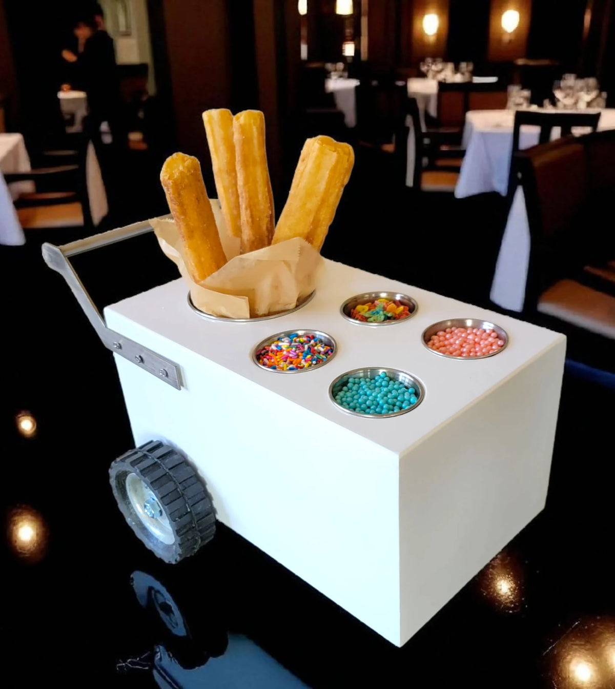 Mini Table Top Churro Cart, Esquite Cart, Elote Cart, Corn Cart, Dessert Display Cart for Home or Business with 4 toppings containers<span> - </span>White image