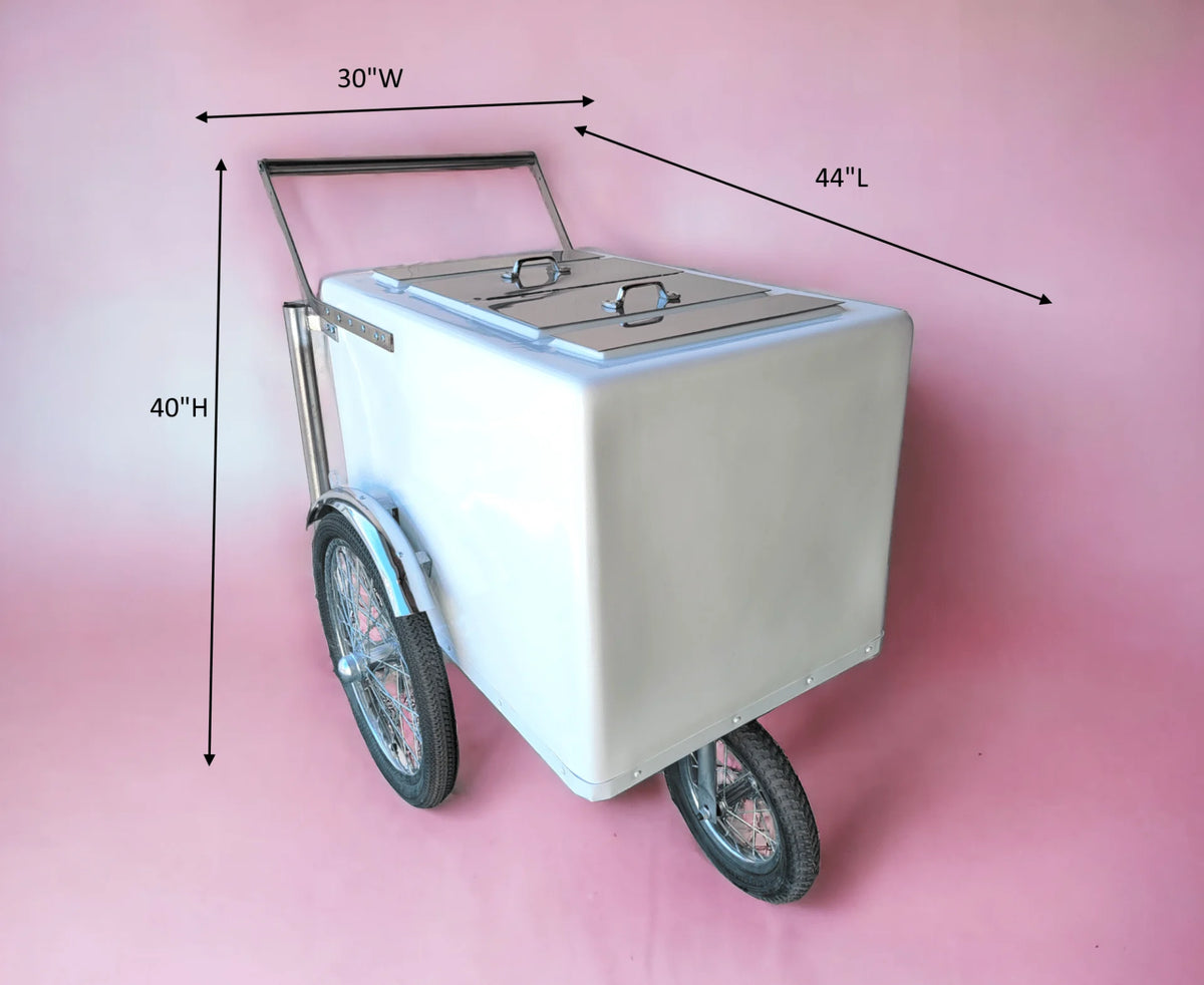 Tall Standard Size Popsicle & Ice Cream Cart with Bicycle Tires – White / Chrome / Stainless Steel – 3 Top Lid Openings image 8