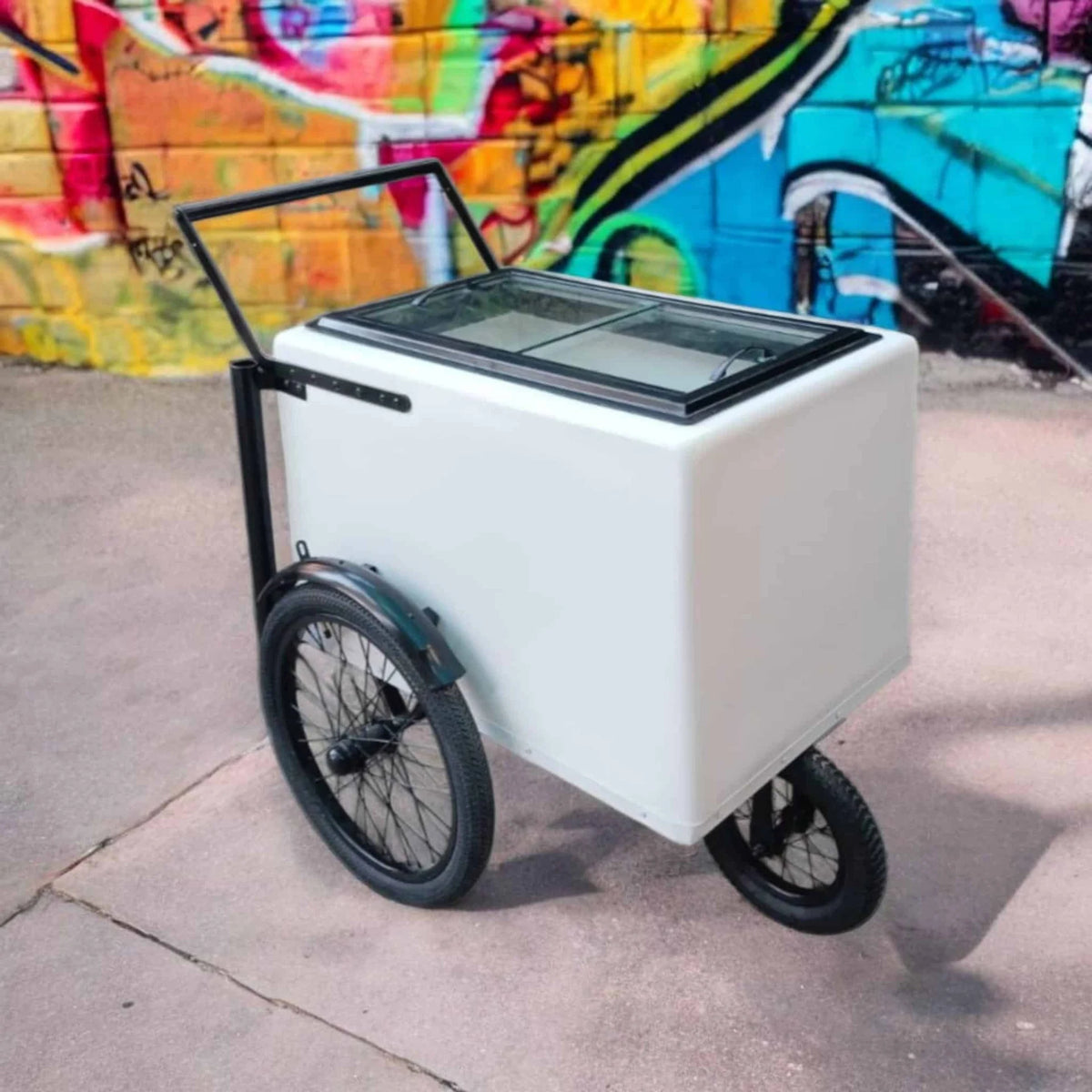 Tall Standard Size White with Black trim Popsicle Cart with Sliding Glass Doors and  Bicycle Tires image 1