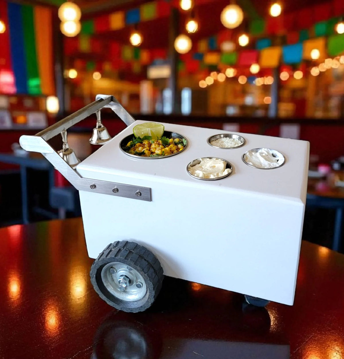Mini Table Top Churro Cart, Esquite Cart, Elote Cart, Corn Cart, Dessert Display Cart for Home or Business with 3 toppings containers image 2