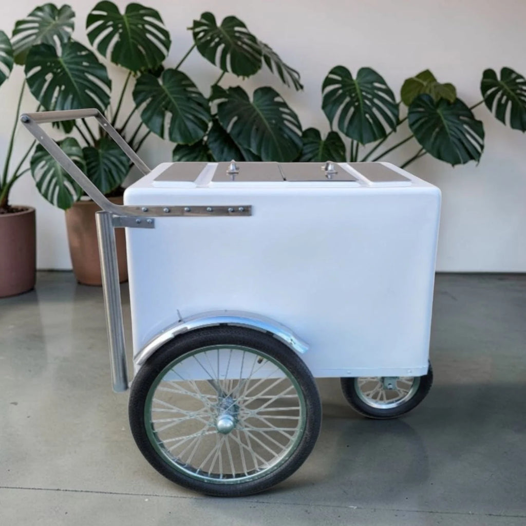 Tall Standard Size Popsicle & Ice Cream Cart with Bicycle Tires – White / Chrome / Stainless Steel – 3 Top Lid Openings image 0