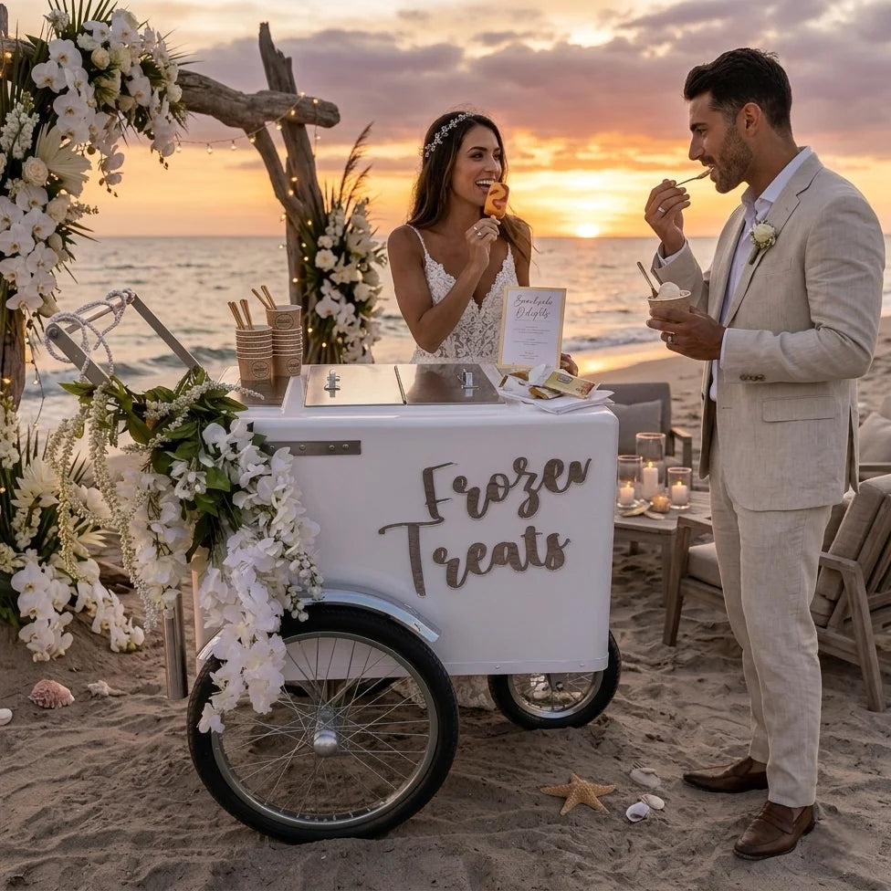 Tall Standard Size Popsicle & Ice Cream Cart with Bicycle Tires – White / Chrome / Stainless Steel – 3 Top Lid Openings image 1