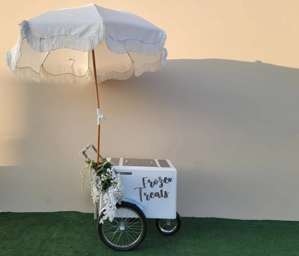 Tall Standard Size Popsicle & Ice Cream Cart with Bicycle Tires – White / Chrome / Stainless Steel – 3 Top Lid Openings image 2