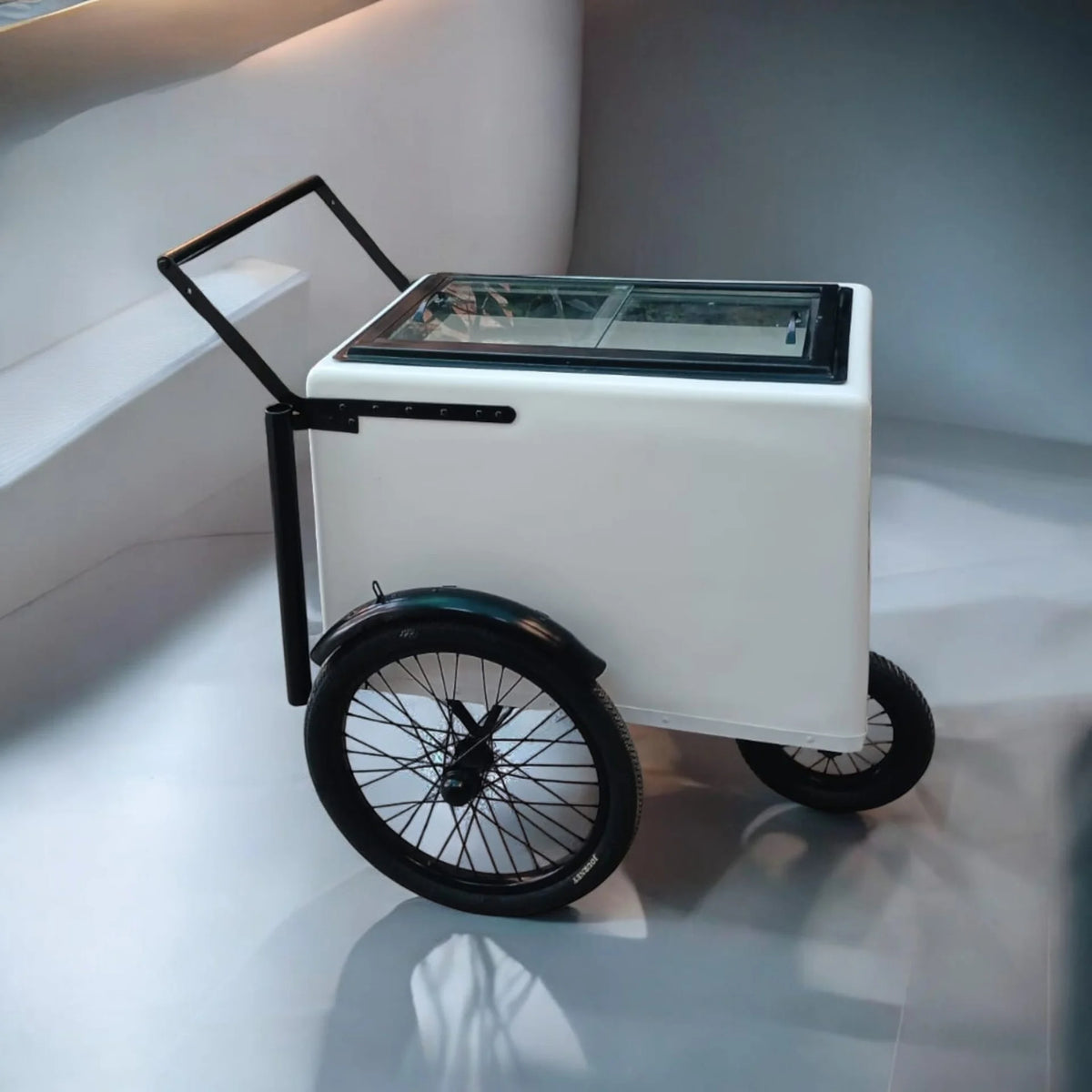 Tall Standard Size White with Black trim Popsicle Cart with Sliding Glass Doors and  Bicycle Tires image 3