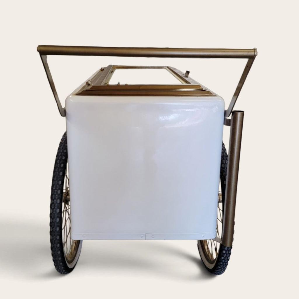 Tall Large Size White with Gold trim Popsicle Cart with  Glass Door and  Bicycle Tires