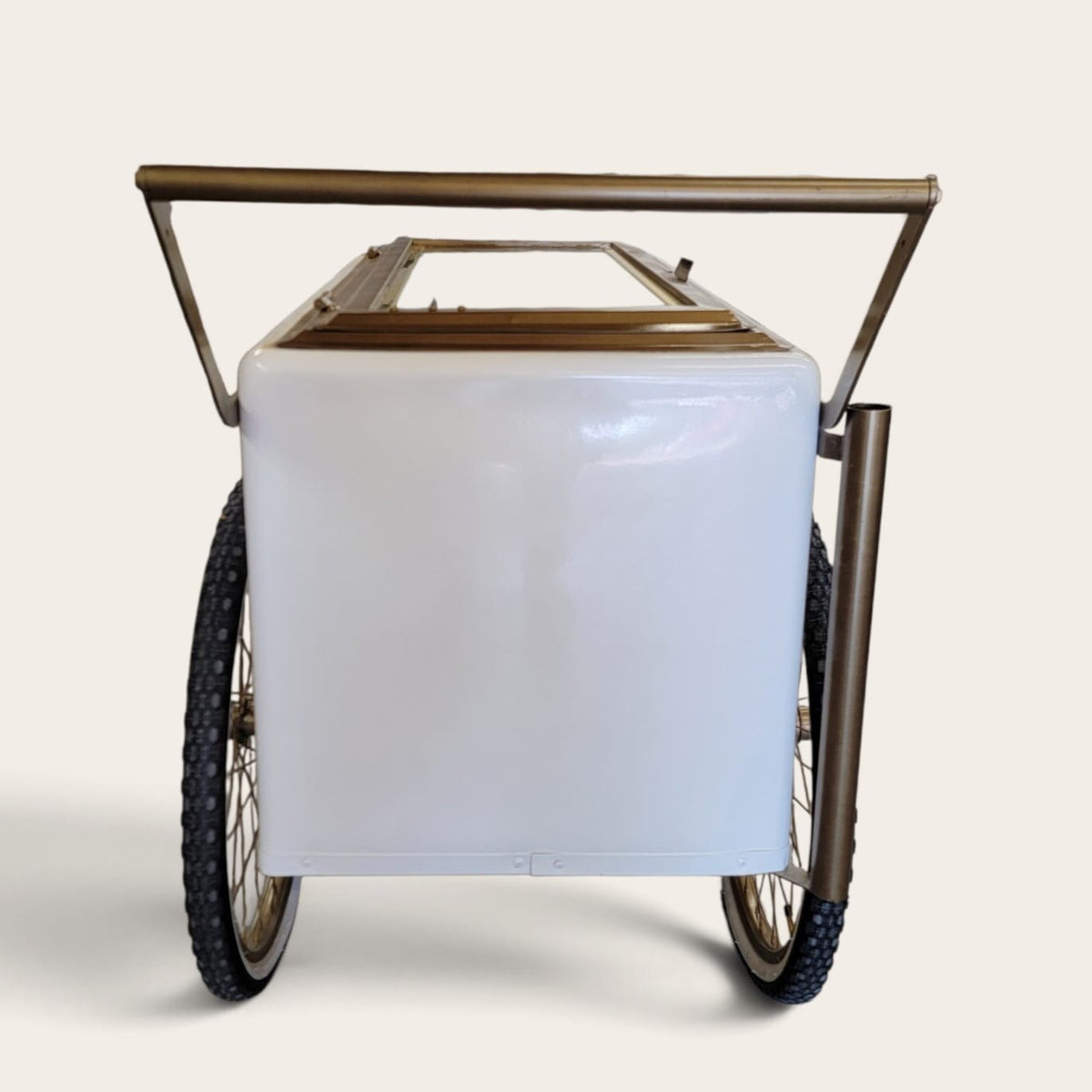 Tall Large Size White with Gold trim Popsicle Cart with  Glass Door and  Bicycle Tires