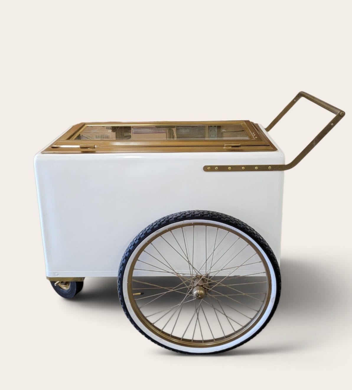 Tall Large Size White with Gold trim Popsicle Cart with  Glass Door and  Bicycle Tires