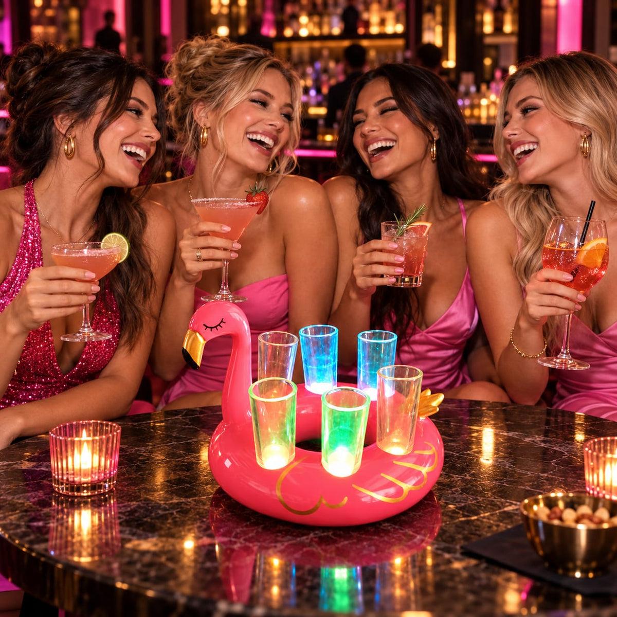 Pink LED Flamingo Shot Tray for 6 – Light Up Shot Glass Holder | Unique Party Shot Flight Tray for Bars & Bachelorette Parties