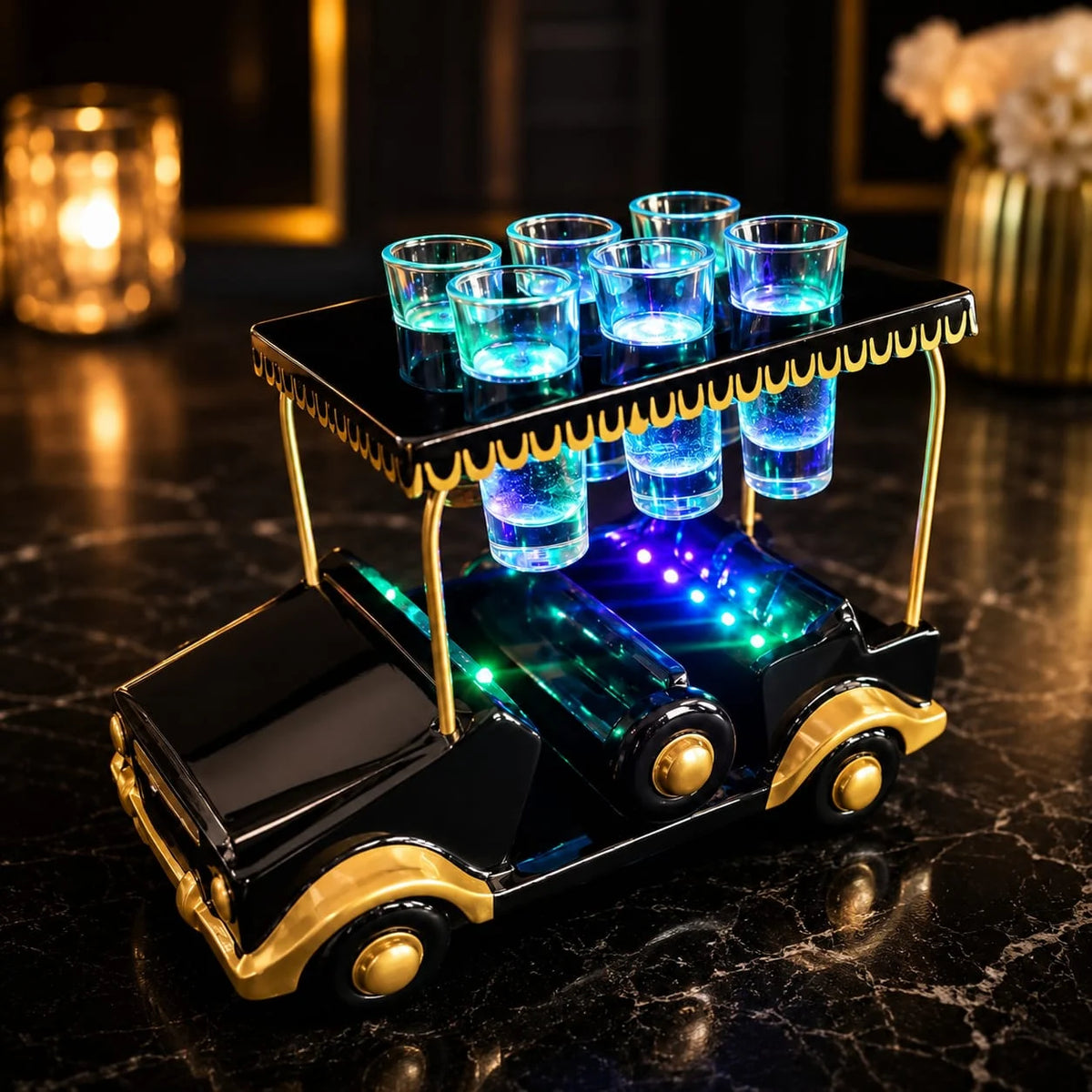Black/Gold Golf Cart Shot Flight Tray with LED Lights | Golf Cart Tequila Shot Holder | Shot Glass Serving Tray | Golf Lover Gift | Bar & Restaurant Drink Service