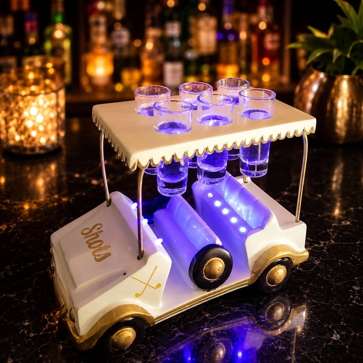 White/Gold Golf Cart Shot Flight Tray with LED Lights | Golf Cart Tequila Shot Holder | Shot Glass Serving Tray | Golf Lover Gift | Bar & Restaurant Drink Service