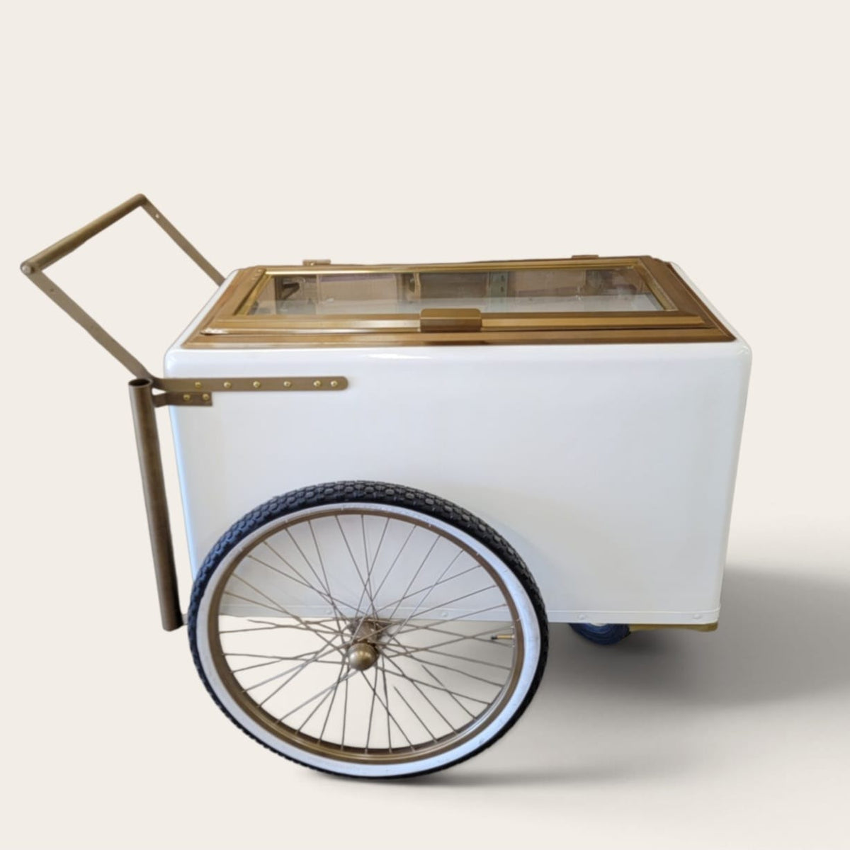 Tall Large Size White with Gold trim Popsicle Cart with  Glass Door and  Bicycle Tires
