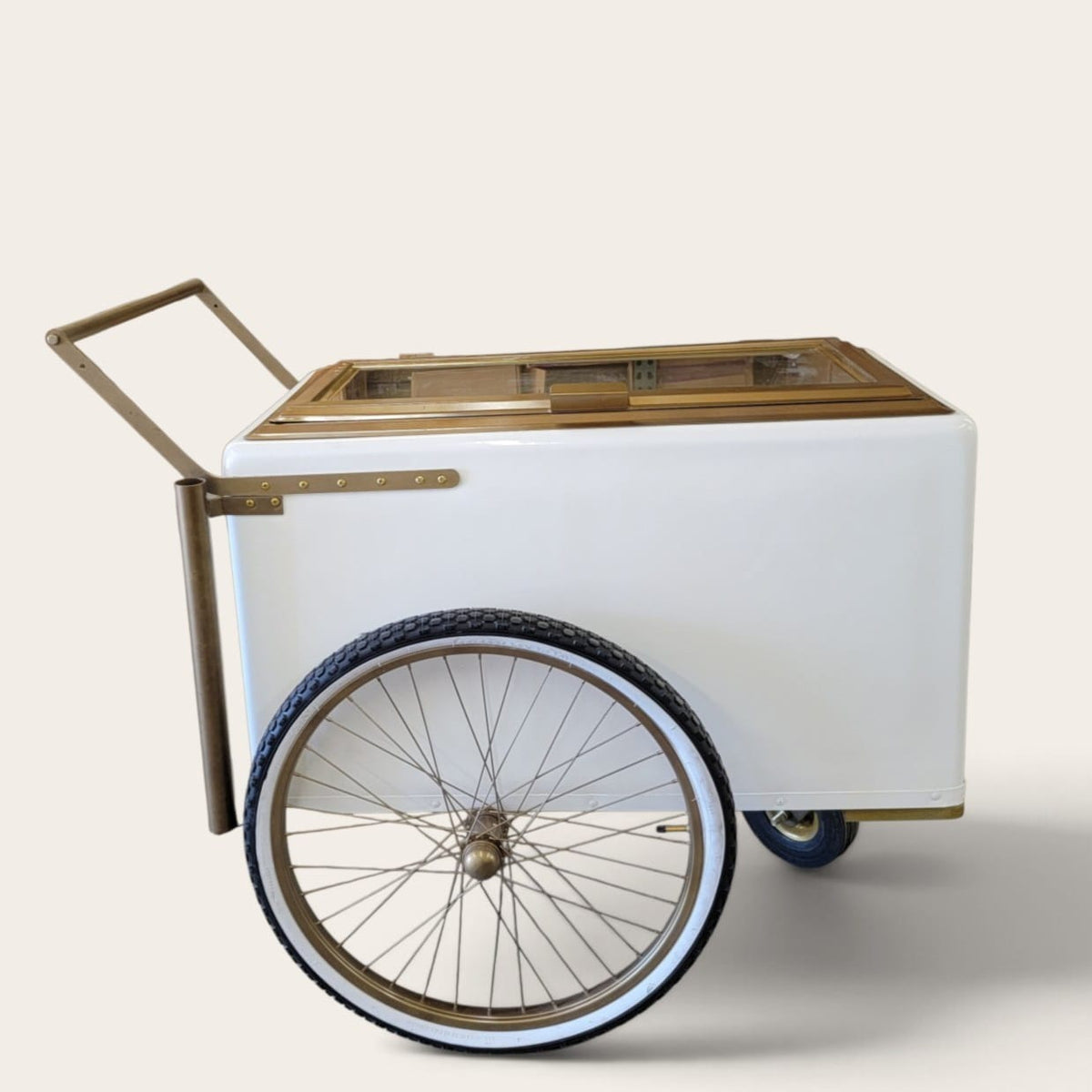 Tall Large Size White with Gold trim Popsicle Cart with  Glass Door and  Bicycle Tires