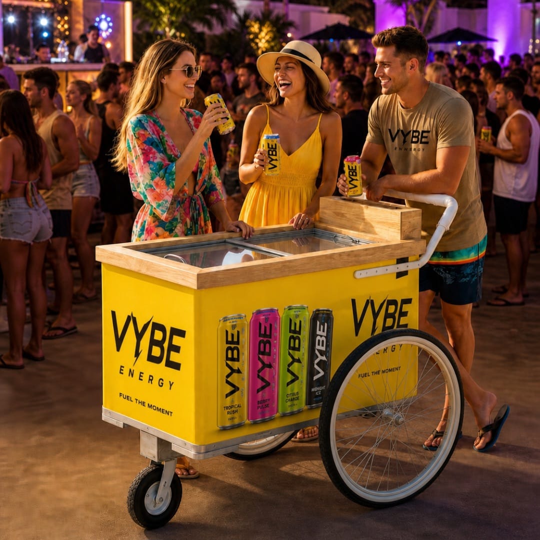 Three people standing at a yellow VYBE Energy beverage cart at an outdoor night event, holding and drinking from VYBE cans. The cart has a wood-look top, a glass-front cooler, and large VYBE branding on the side.
