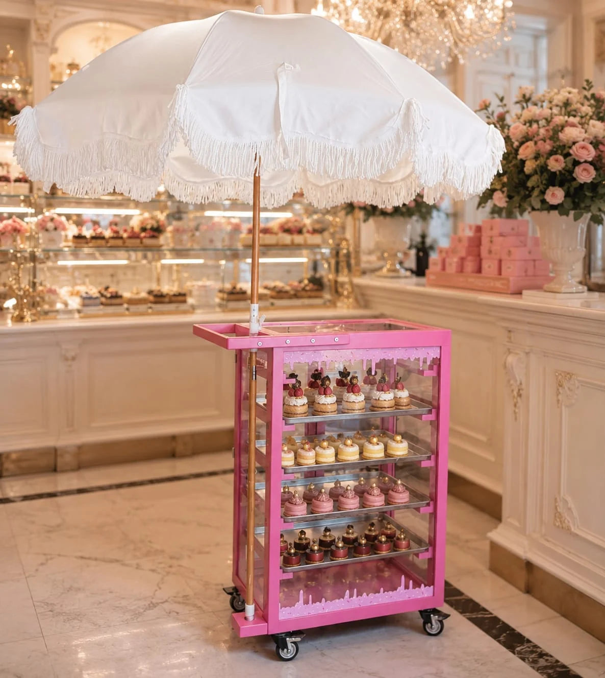 Pink Pastry Display Cart for Sale | Donut Display Cart | Bakery Display Cart | Cupcake & Dessert Display Stand | Wedding Catering Cart