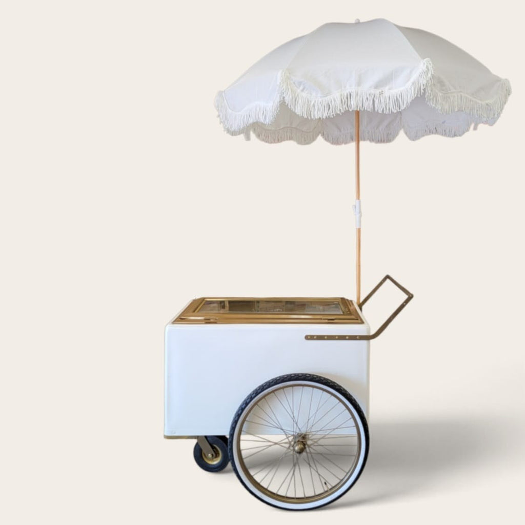Tall Large Size White with Gold trim Popsicle Cart with  Glass Door and  Bicycle Tires