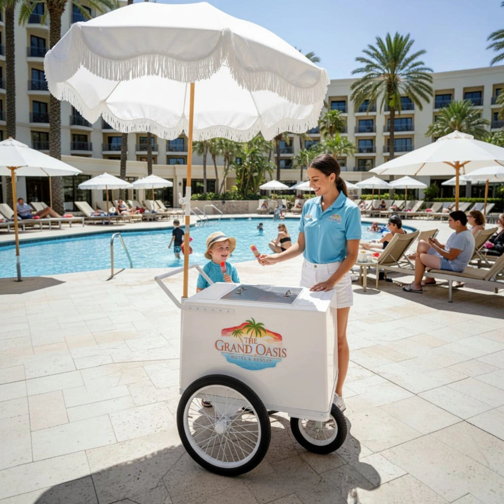 Tall All white Popsicle Cart with Bicycle Tires – Elegant &amp; Functional