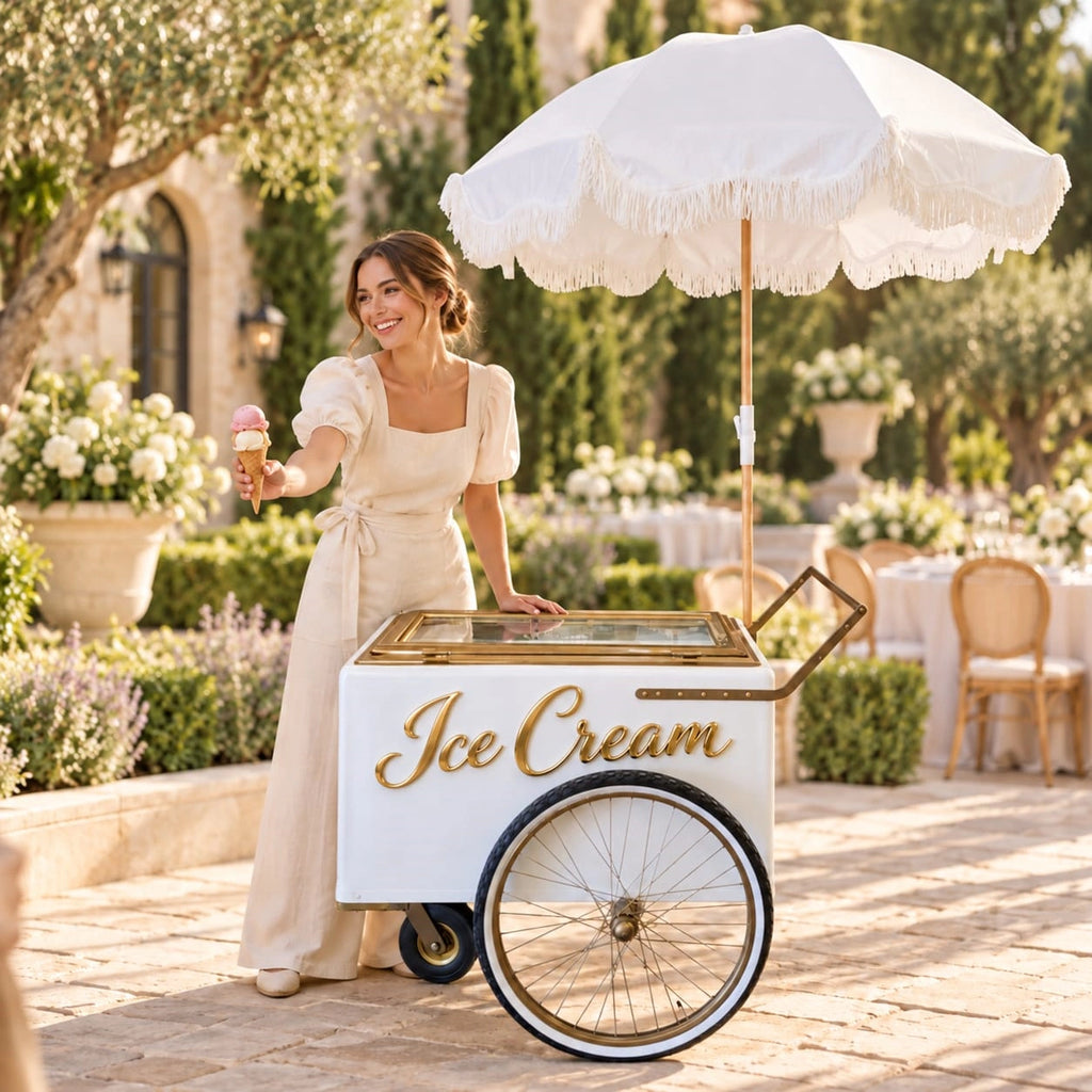 Tall Large Size White with Gold trim Popsicle Cart with  Glass Door and  Bicycle Tires