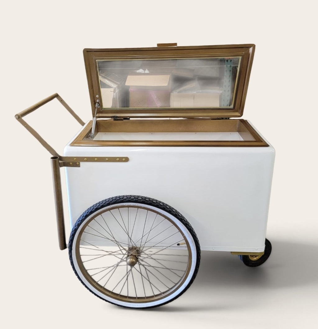Tall Large Size White with Gold trim Popsicle Cart with  Glass Door and  Bicycle Tires
