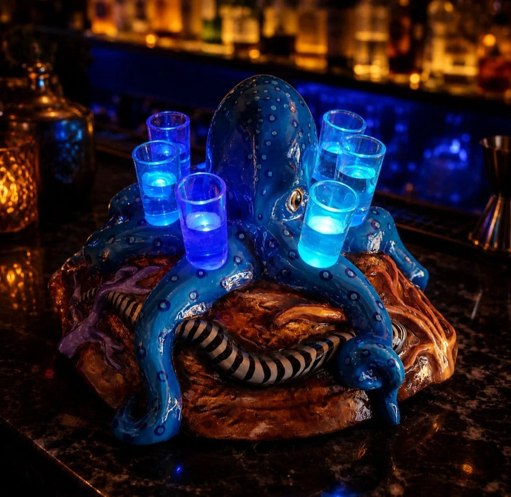 Fiberglass Octopus Shot Tray with LED Lights – Bottle Service Tray for Bars, Restaurants, Seafood & Mariscos – 7 Shot Glass Holder