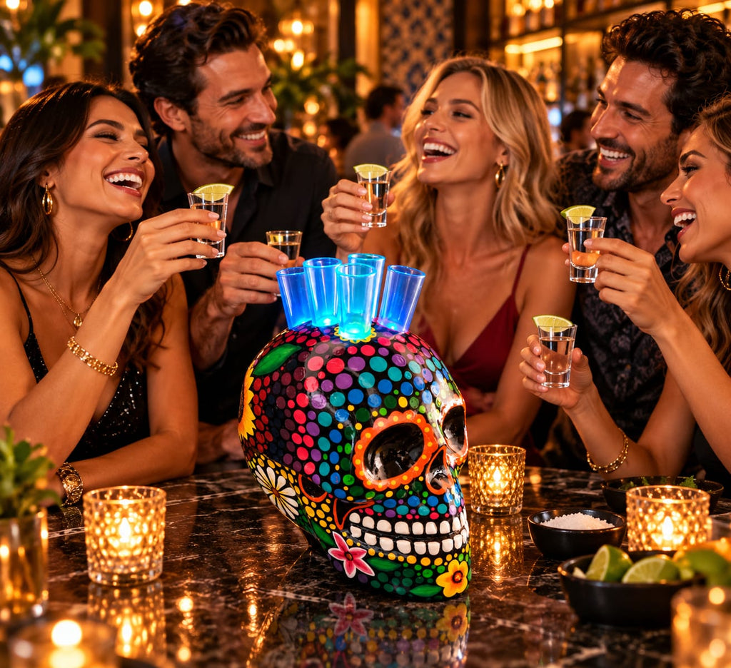Large Fiberglass Skull Tequila Shot Tray with LED Lights, Hand-Painted Calavera, Holds 6 Shot Glasses