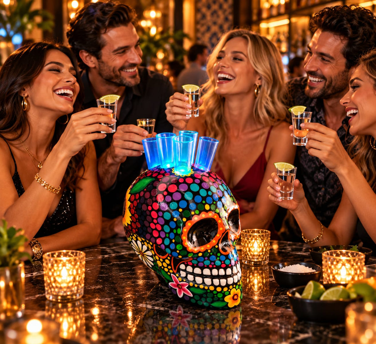 Large Fiberglass Skull Tequila Shot Tray with LED Lights, Hand-Painted Calavera, Holds 6 Shot Glasses