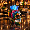 Large Fiberglass Skull Tequila Shot Tray with LED Lights, Hand-Painted Calavera, Holds 6 Shot Glasses