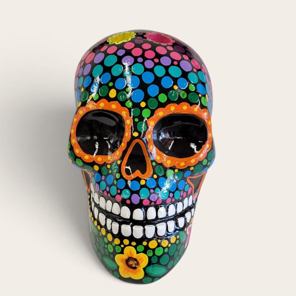 Large Fiberglass Skull Tequila Shot Tray with LED Lights, Hand-Painted Calavera, Holds 6 Shot Glasses