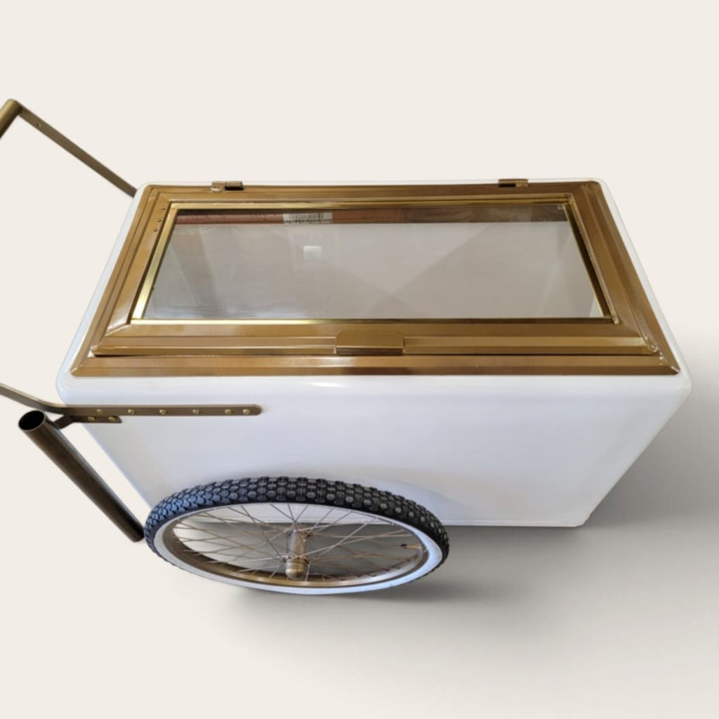 Tall Large Size White with Gold trim Popsicle Cart with  Glass Door and  Bicycle Tires