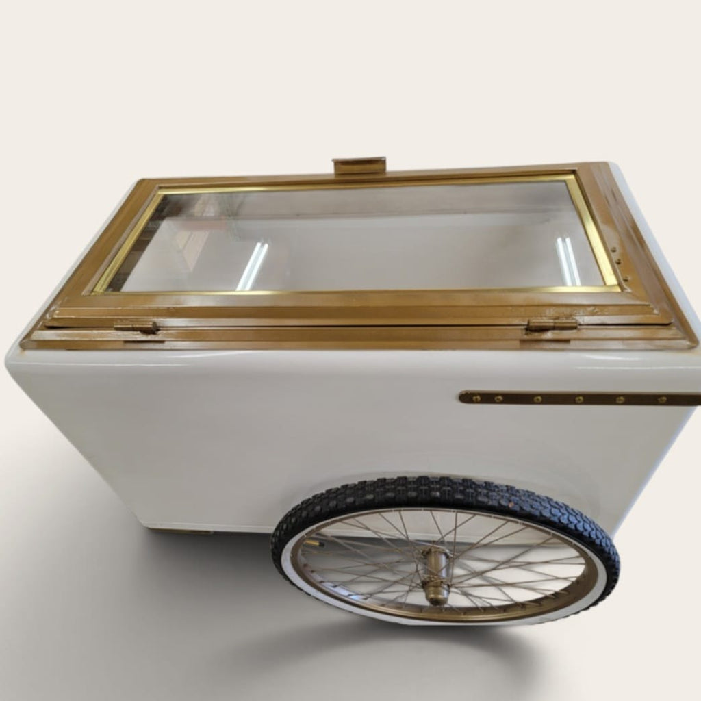 Tall Large Size White with Gold trim Popsicle Cart with  Glass Door and  Bicycle Tires