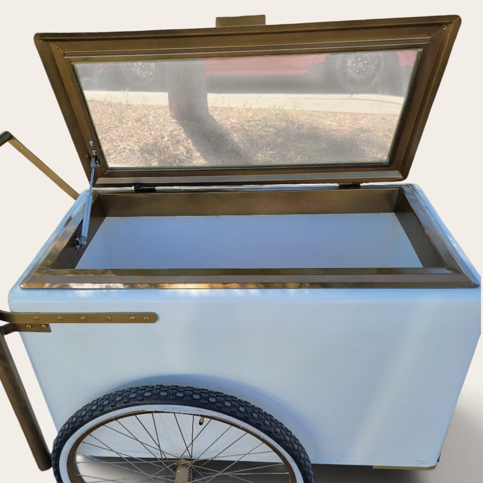 Tall Large Size White with Gold trim Popsicle Cart with  Glass Door and  Bicycle Tires