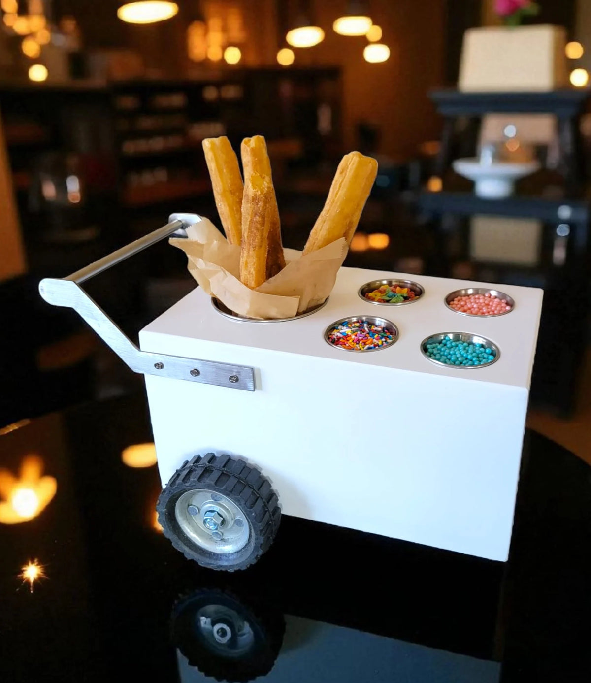 Mini Table Top Churro Cart, Esquite Cart, Elote Cart, Corn Cart, Dessert Display Cart for Home or Business with 4 toppings containers image 0