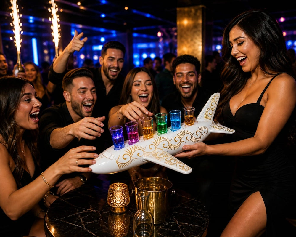 A group of laughing people in a dimly lit nightclub or bar scene gathered around a table, holding a white airplane-shaped shot spinner with gold swirls and several colorful drink glasses.