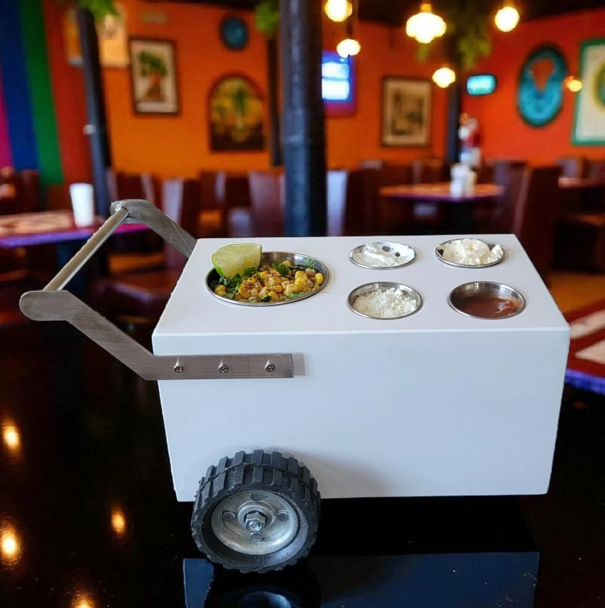 Mini Table Top Churro Cart, Esquite Cart, Elote Cart, Corn Cart, Dessert Display Cart for Home or Business with 4 toppings containers image 1