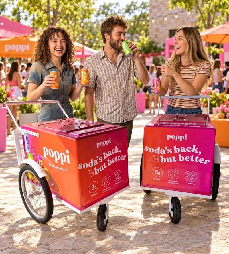 Three people standing outdoors beside two poppi SodaStream cartons on wheels, each holding a drink can. The scene is bright and sunny with colorful umbrellas and flowers in the background.