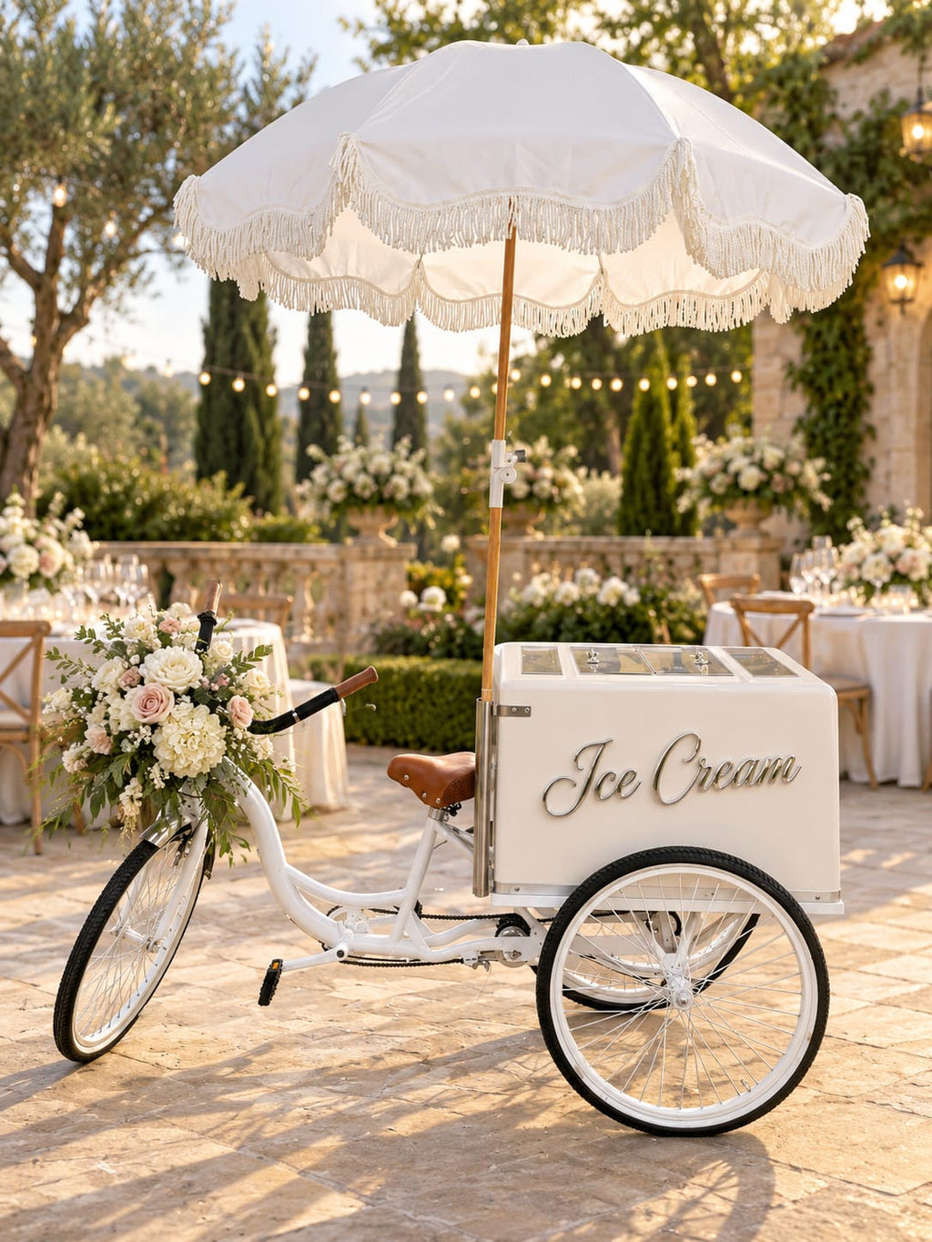 Commercial White Tricycle Popsicle Cart | Insulated Ice Cream Vending Bike for Sale