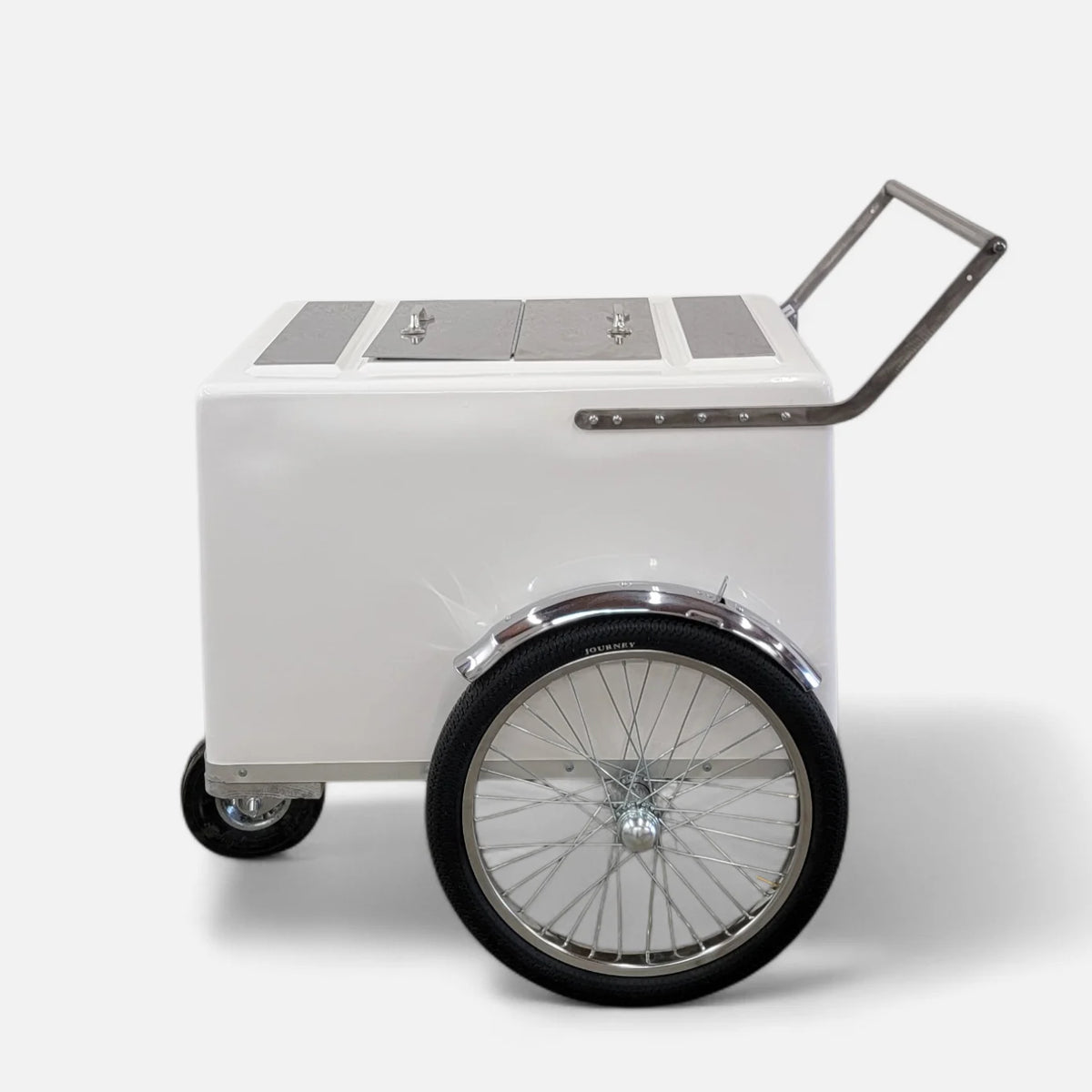 Standard Size Popsicle & Ice Cream Cart with Bicycle Tires – White / Chrome / Stainless Steel – 3 Top Lid Openings image 2