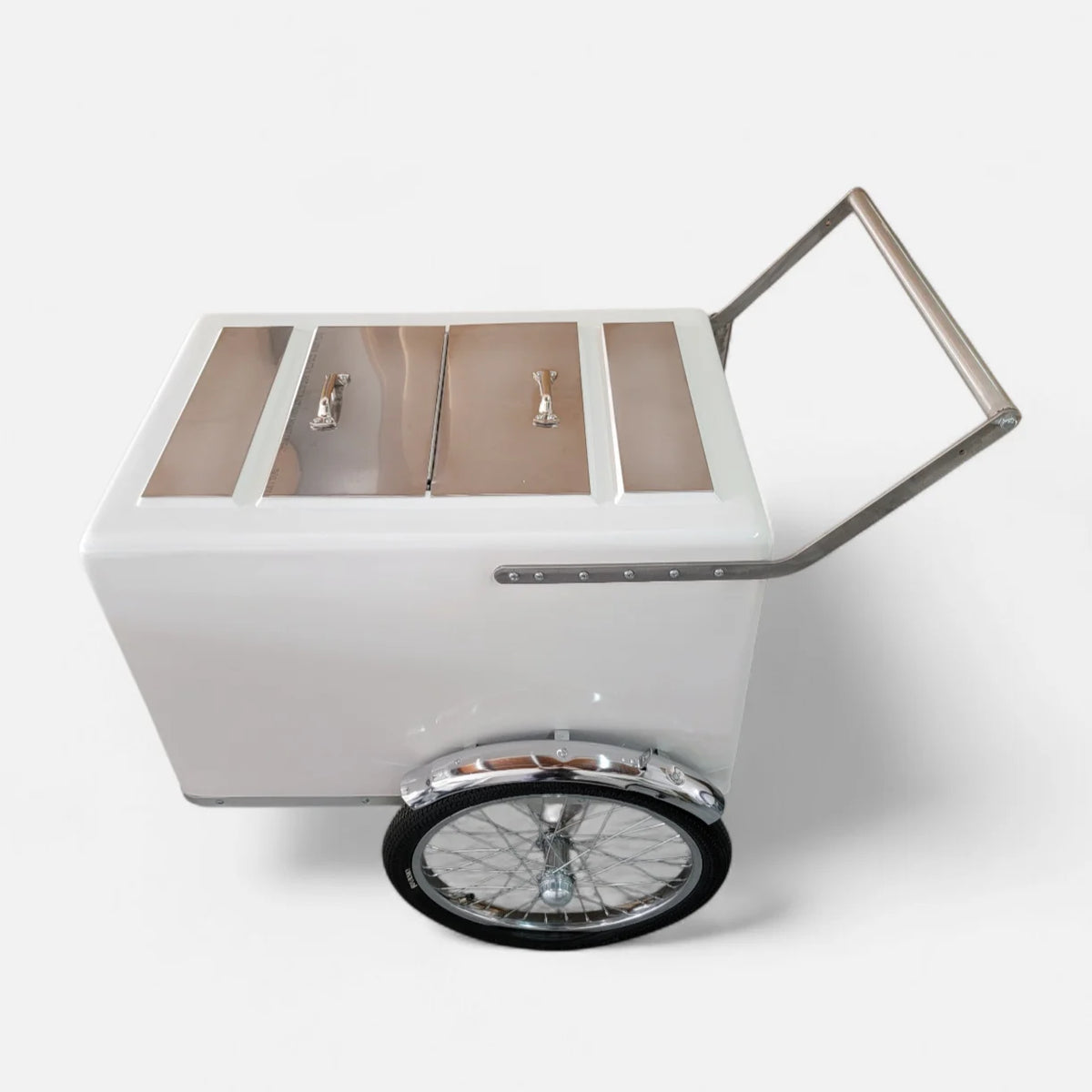 Tall Standard Size Popsicle & Ice Cream Cart with Bicycle Tires – White / Chrome / Stainless Steel – 3 Top Lid Openings image 5
