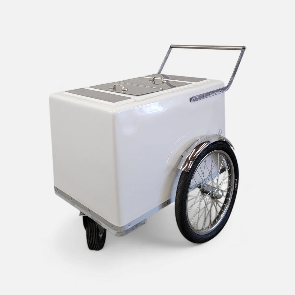 Standard Size Popsicle & Ice Cream Cart with Bicycle Tires – White / Chrome / Stainless Steel – 3 Top Lid Openings image 1