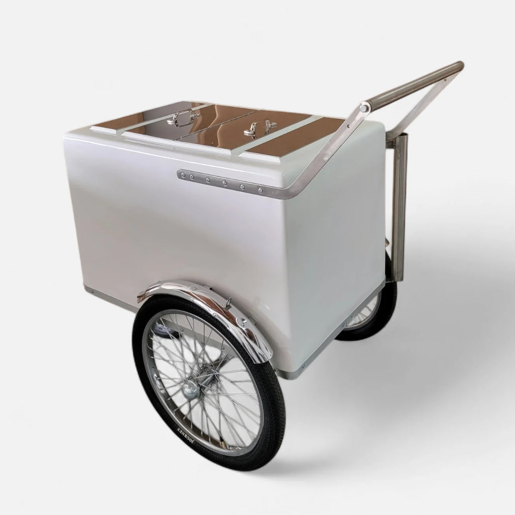 Tall Standard Size Popsicle & Ice Cream Cart with Bicycle Tires – White / Chrome / Stainless Steel – 3 Top Lid Openings image 3