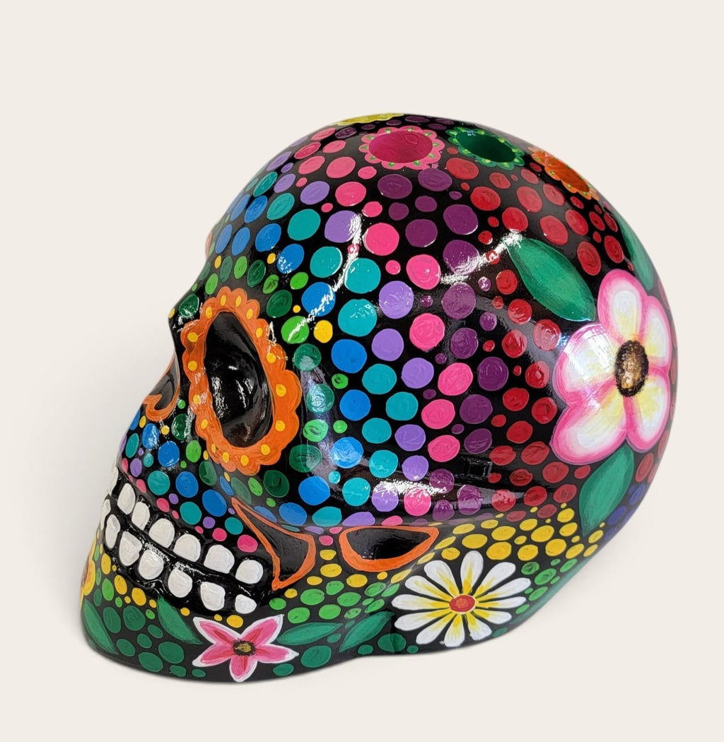 Large Fiberglass Skull Tequila Shot Tray with LED Lights, Hand-Painted Calavera, Holds 6 Shot Glasses